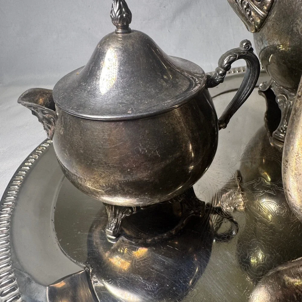 Vintage Oneida Silver Plate Tea Coffee Service Set with Etched Serving Tray 5pc